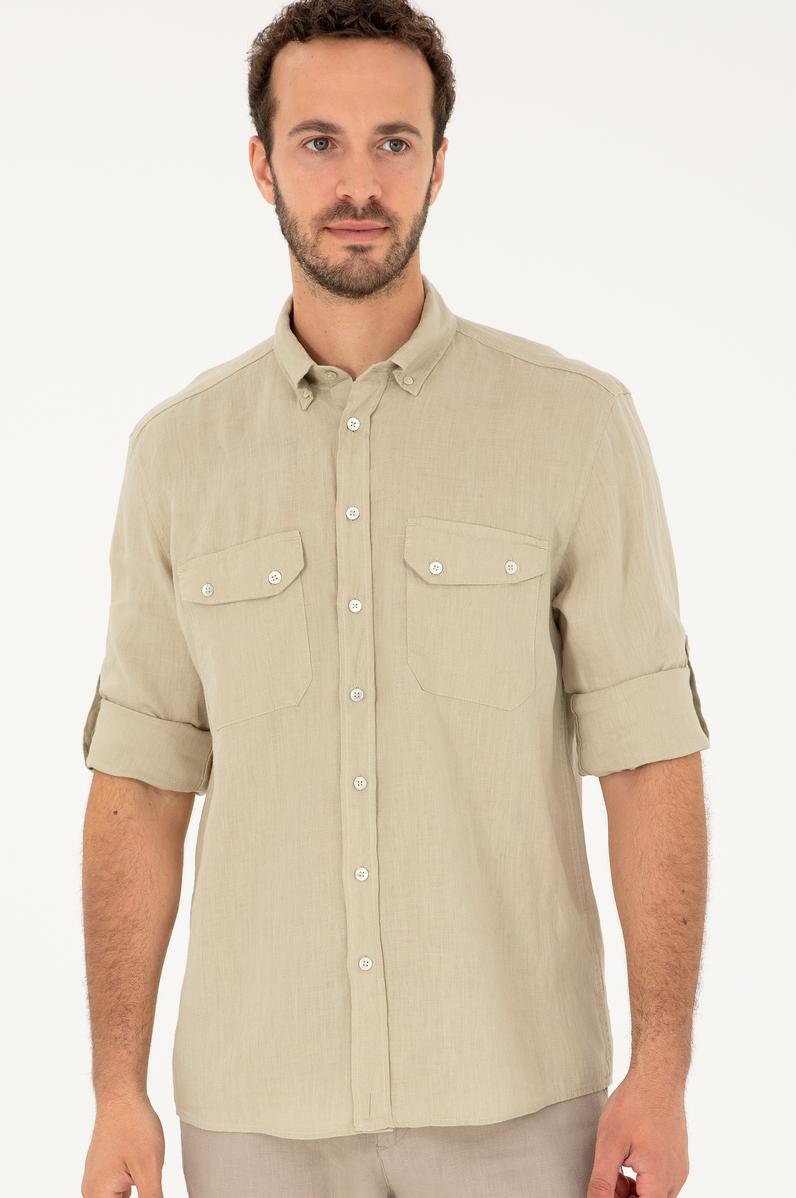 Erkek Açık Haki Uzun Kollu Gömlek