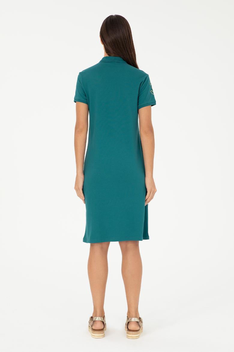 Kadın Koyu Yeşil Polo Yaka Mini Boy Örme Elbise - 50280069097