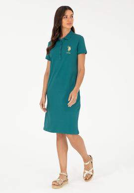 Kadın Koyu Yeşil Polo Yaka Mini Boy Örme Elbise - 50280069097