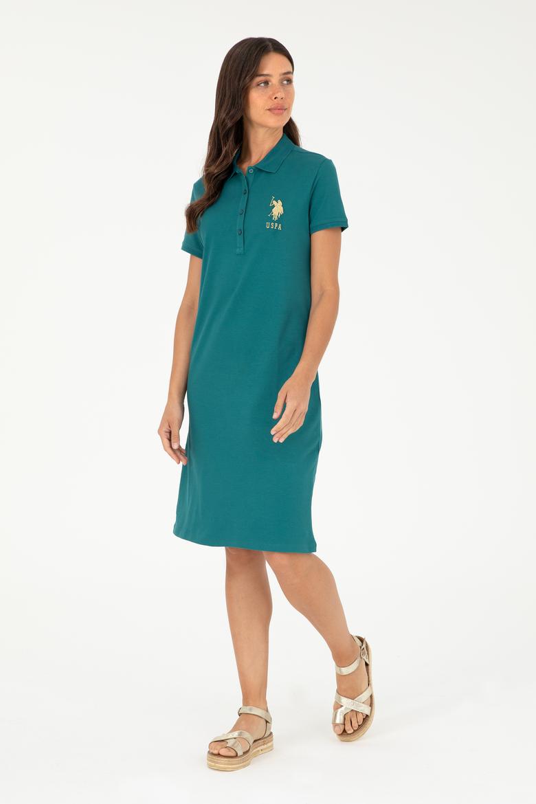 Kadın Koyu Yeşil Polo Yaka Mini Boy Örme Elbise - 50280069097