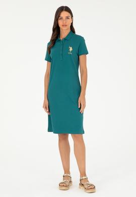 Kadın Koyu Yeşil Polo Yaka Mini Boy Örme Elbise - 50280069097