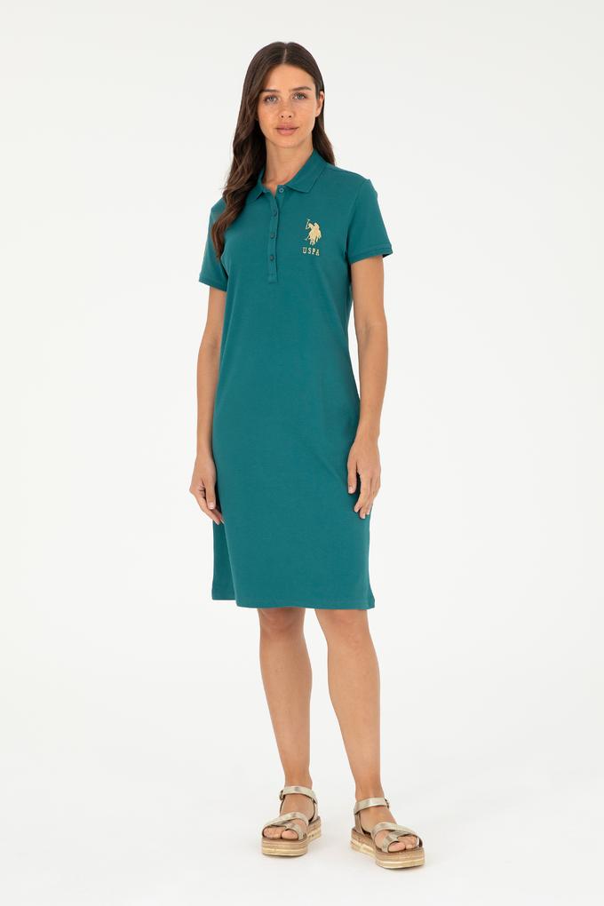 Kadın Koyu Yeşil Polo Yaka Mini Boy Örme Elbise