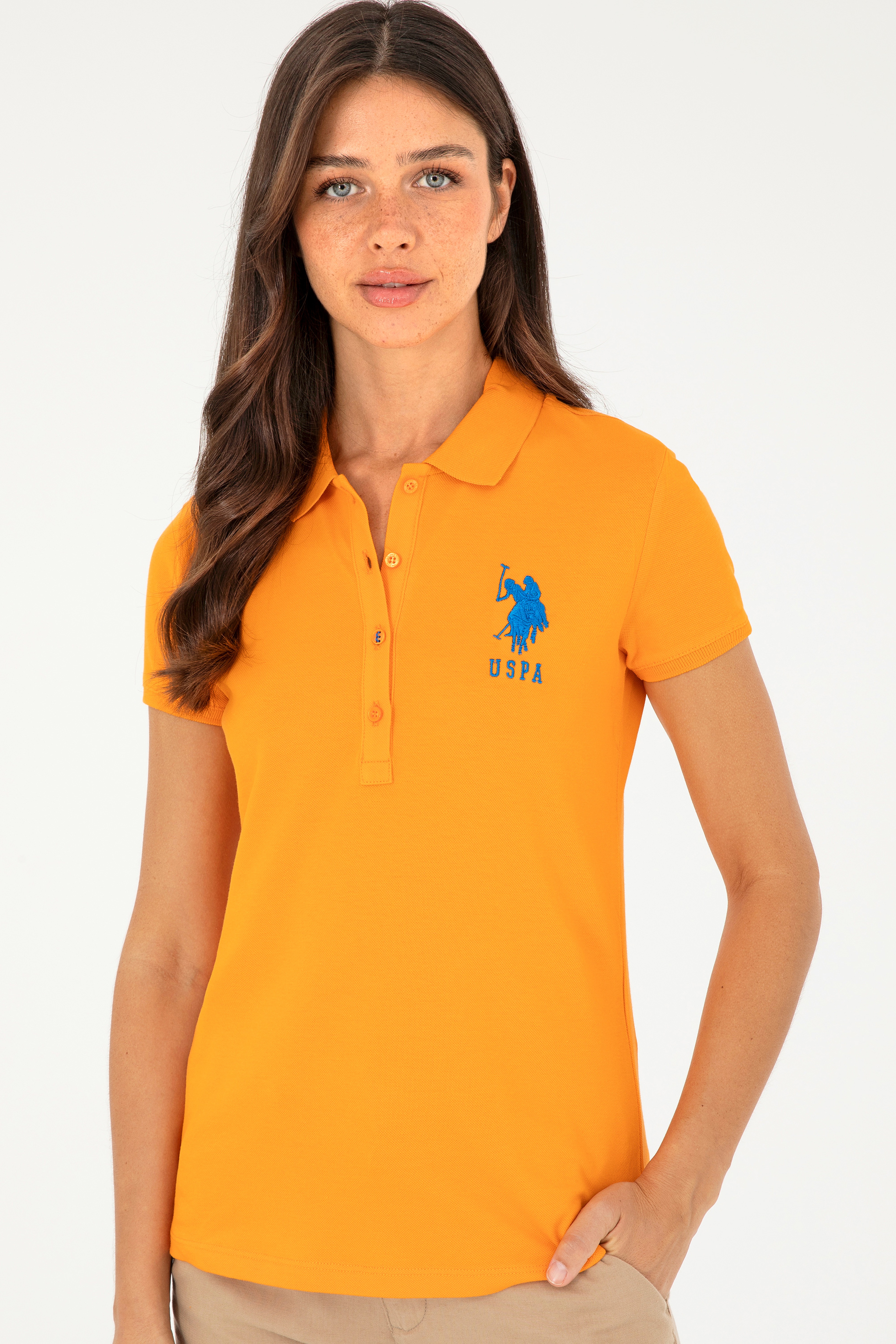 Kadın Turuncu Basic Polo Yaka Tişört - Image 3