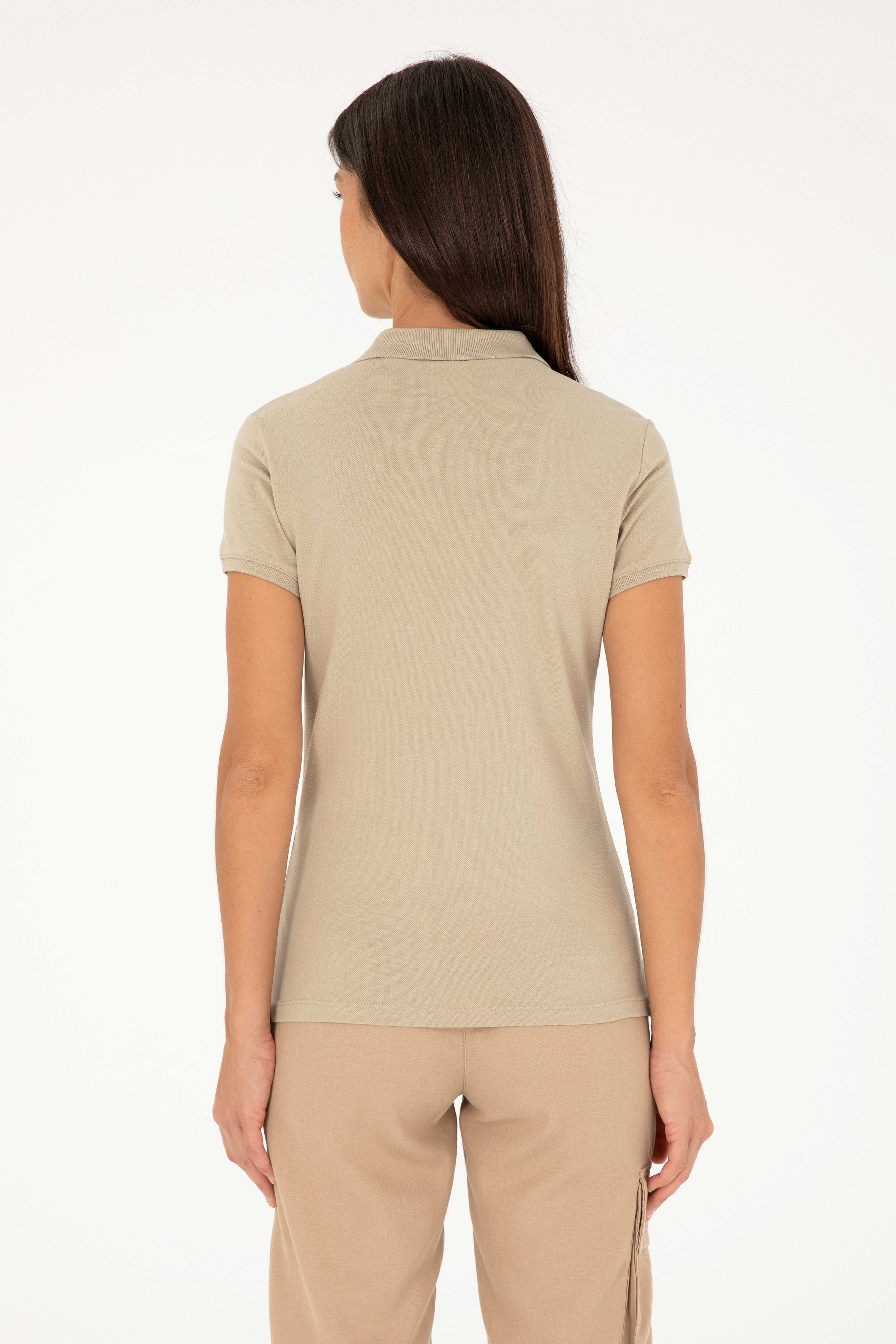 Kadın Açık Haki Basic Polo Yaka Tişört - Image 5