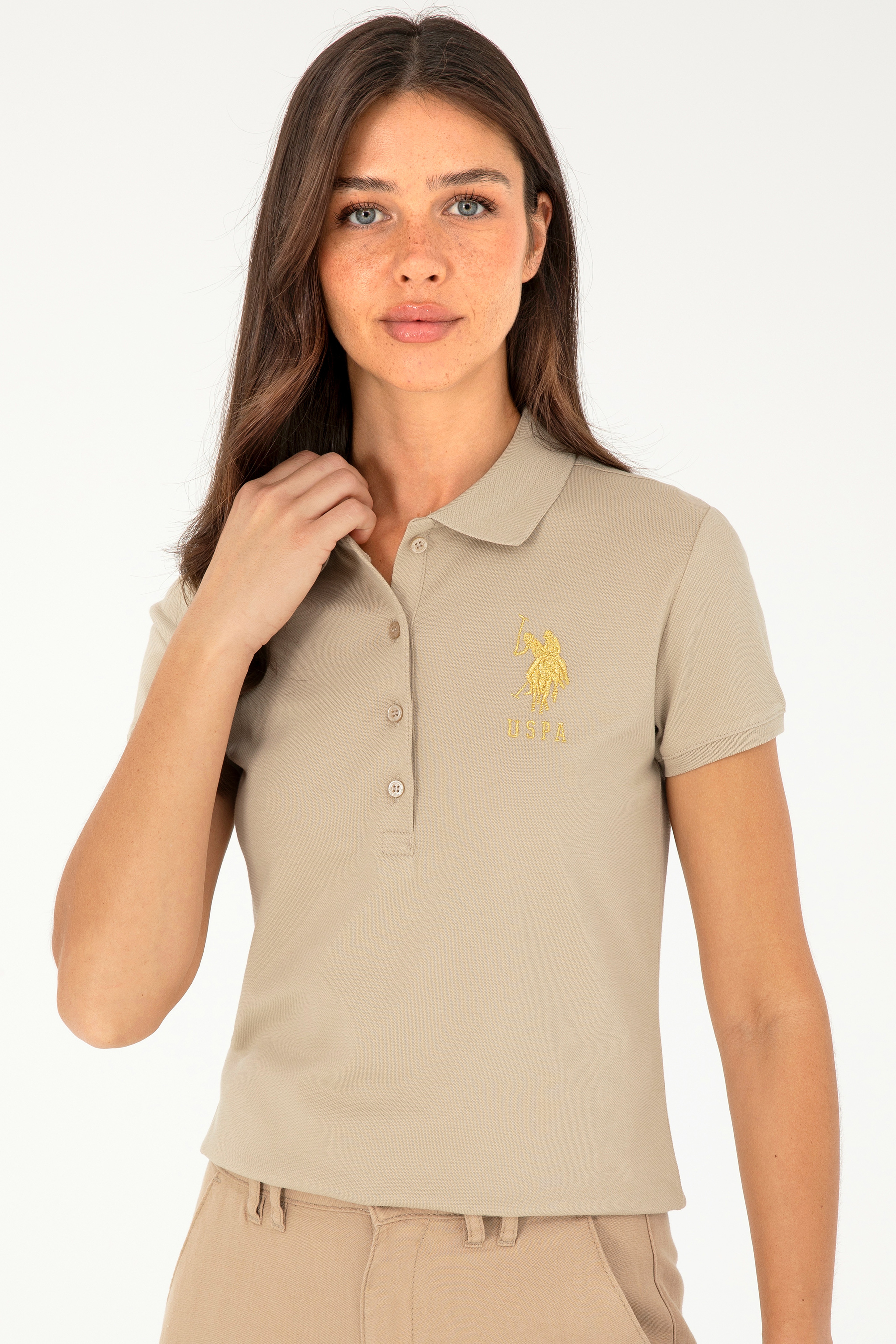 Kadın Açık Haki Basic Polo Yaka Tişört - Image 3