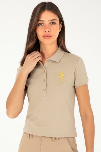 Kadın Açık Haki Basic Polo Yaka Tişört