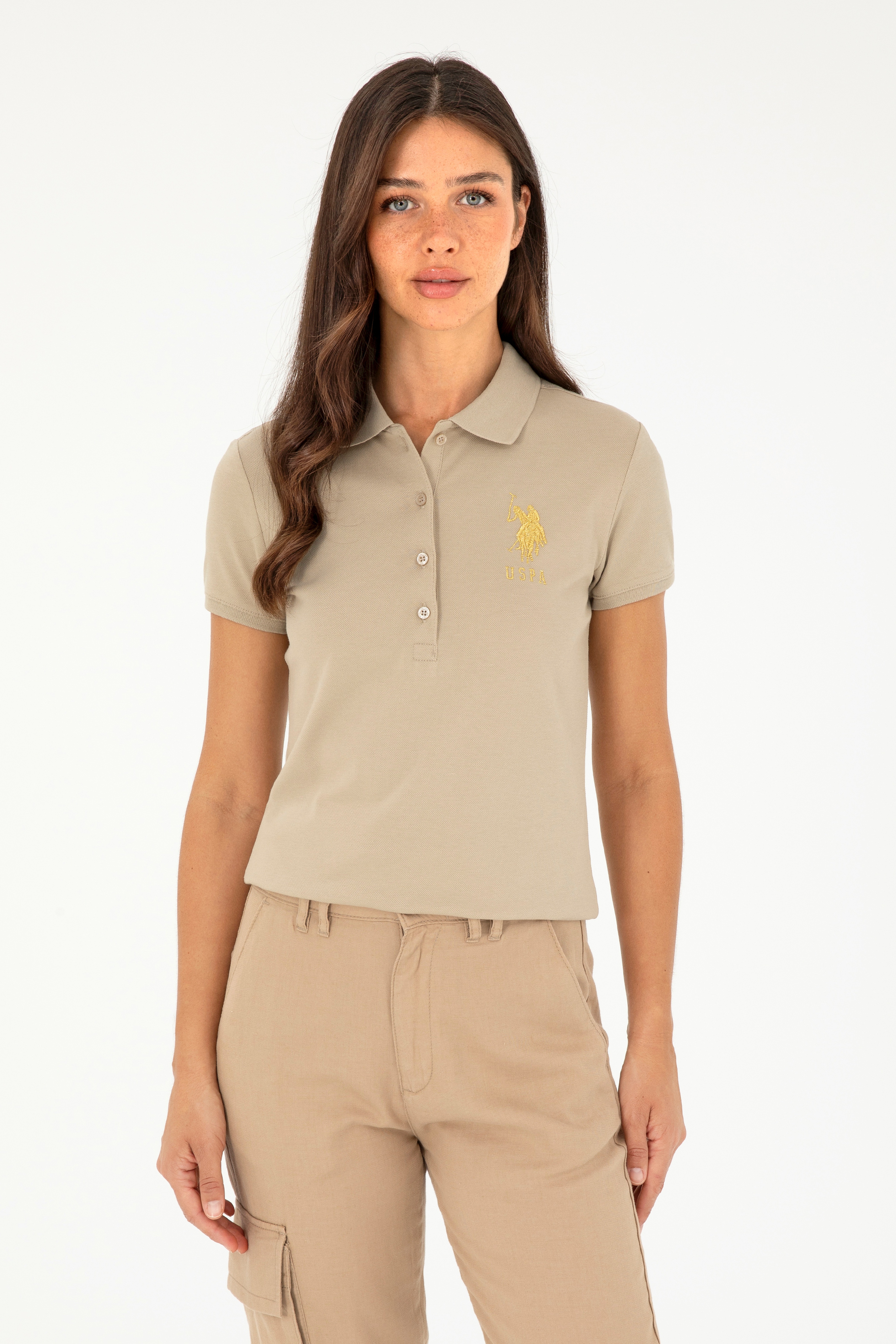 Kadın Açık Haki Basic Polo Yaka Tişört - Image 1
