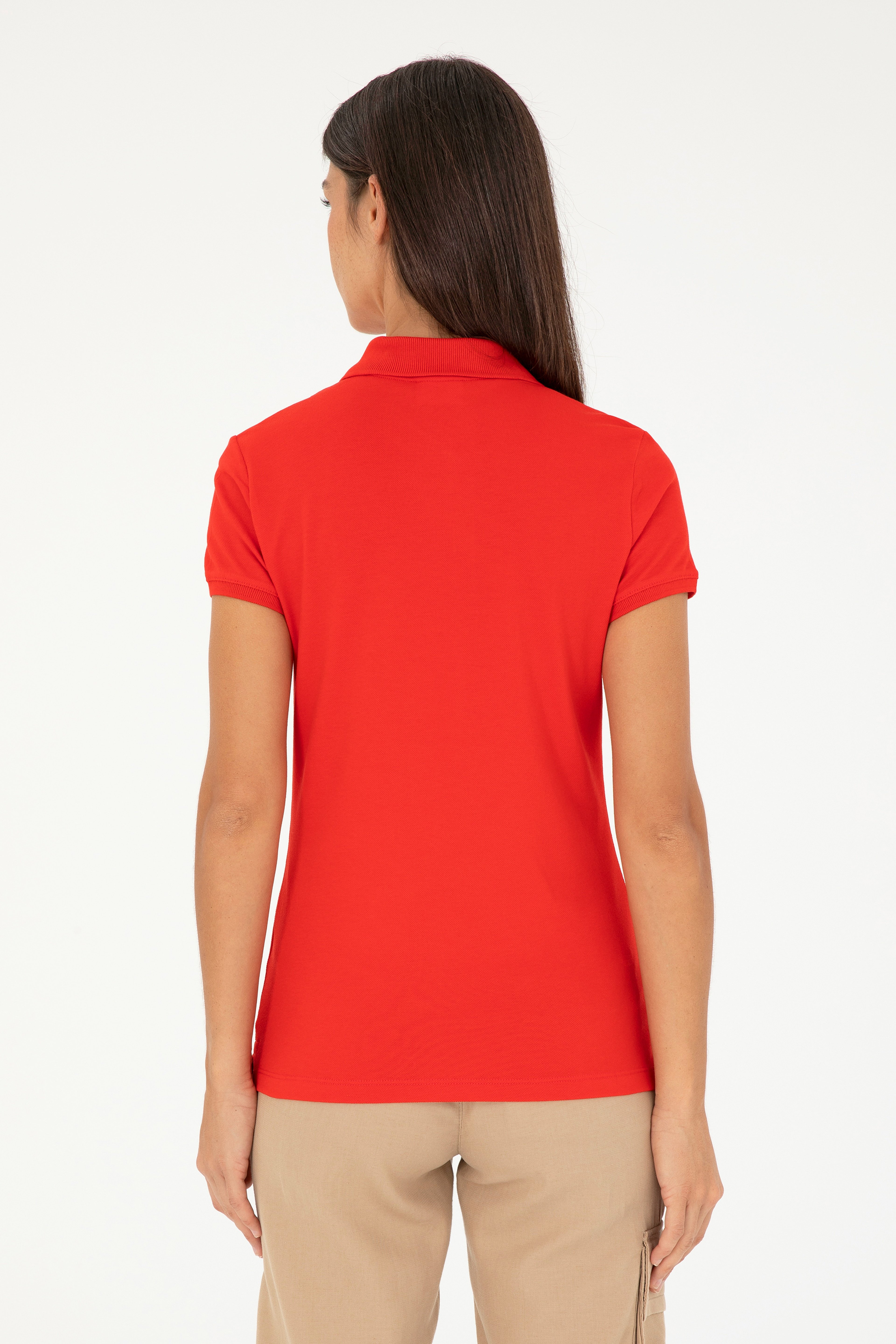 Kadın Kırmızı Basic Polo Yaka Tişört - Image 5