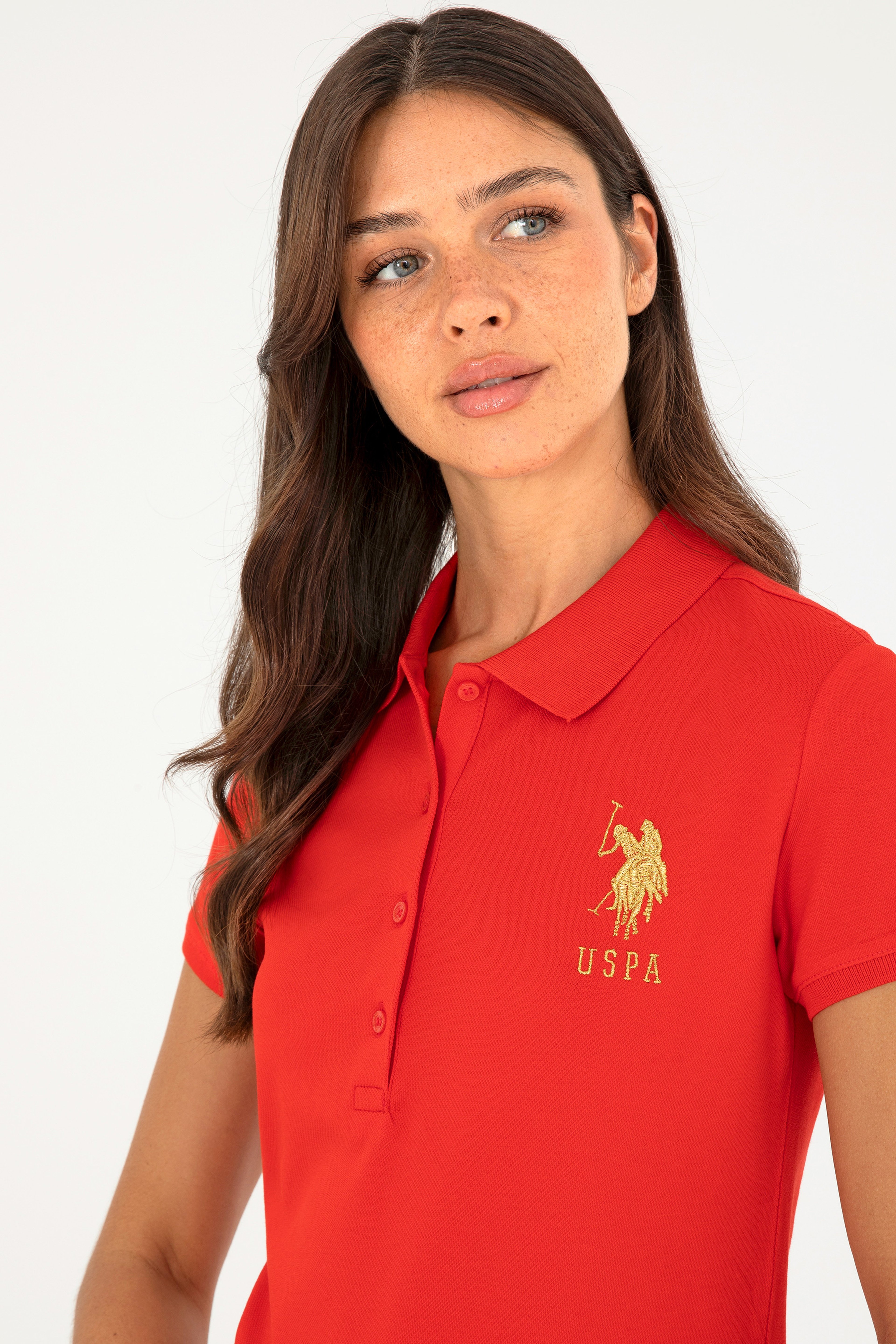 Kadın Kırmızı Basic Polo Yaka Tişört - Image 2