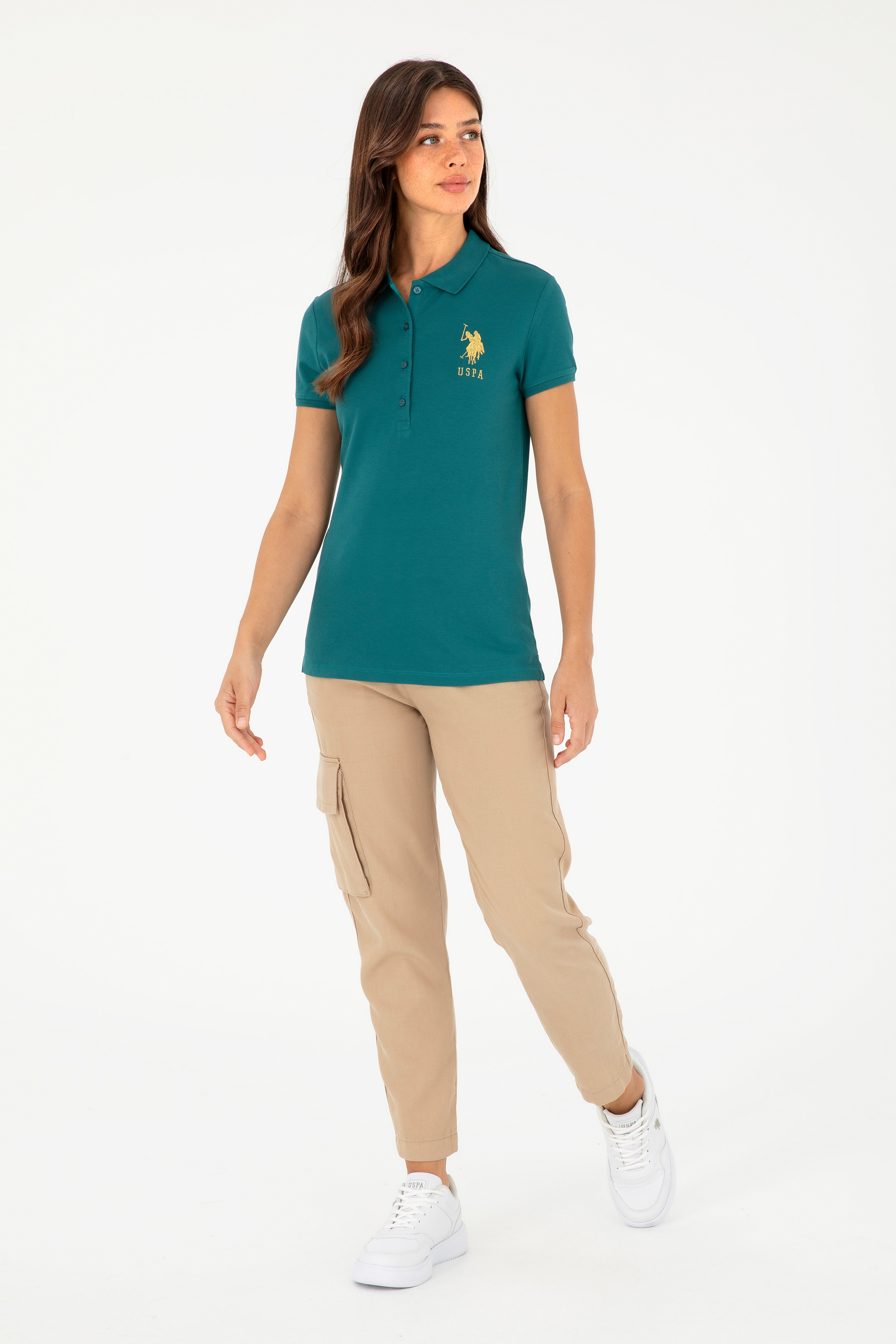 Kadın Koyu Yeşil Basic Polo Yaka Tişört
