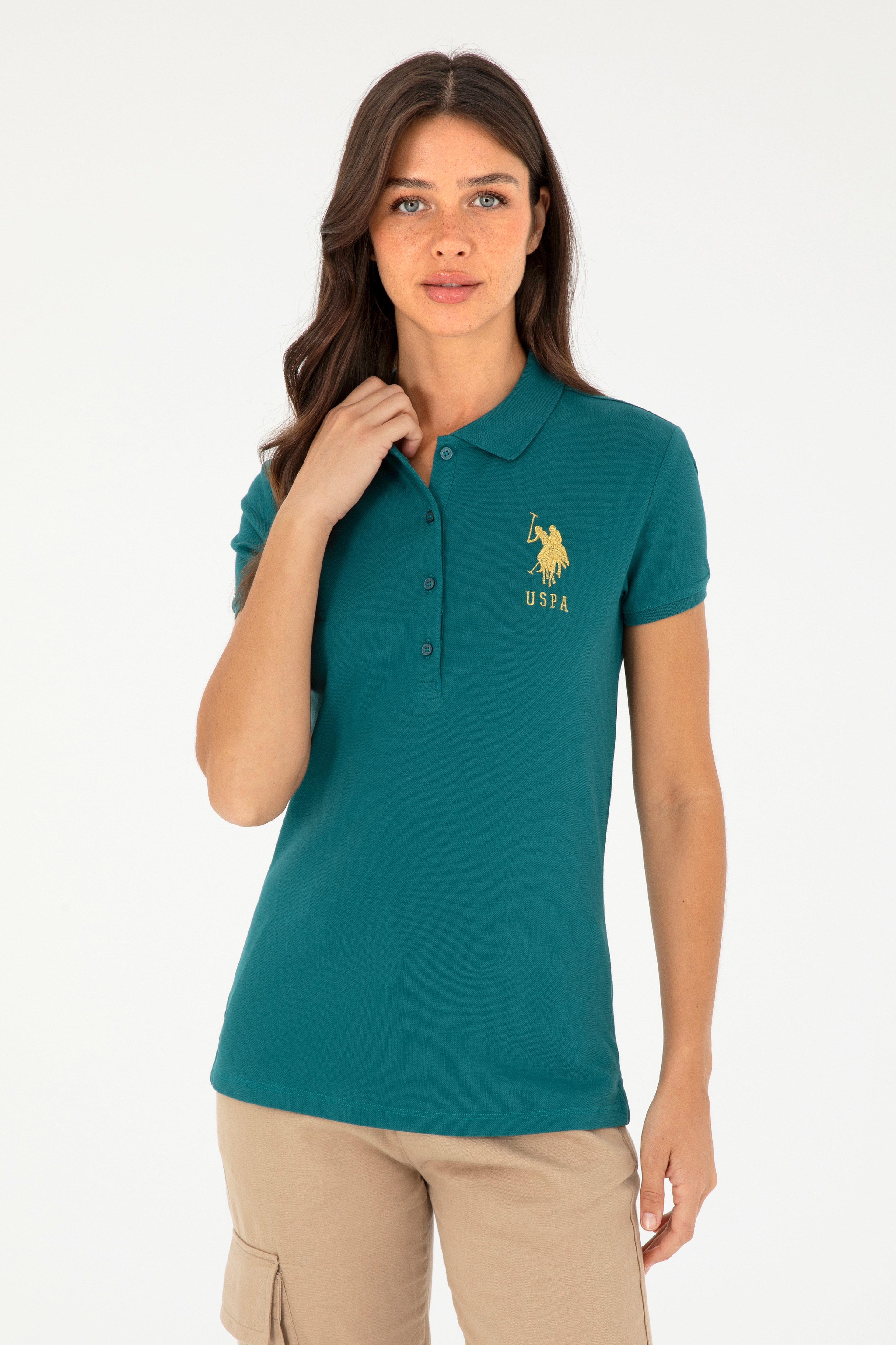 Kadın Koyu Yeşil Basic Polo Yaka Tişört - Image 1