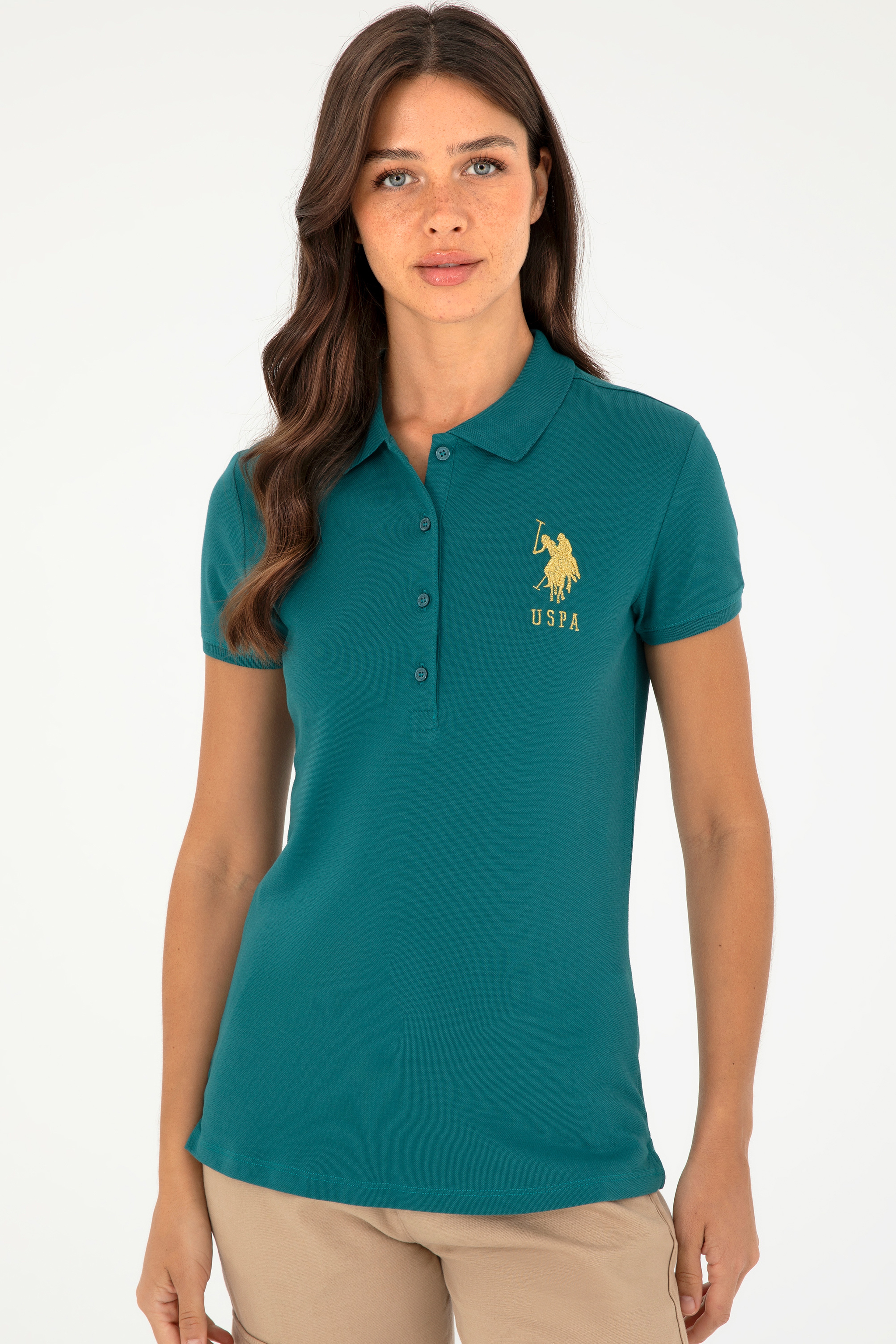 Kadın Koyu Yeşil Basic Polo Yaka Tişört - Image 3