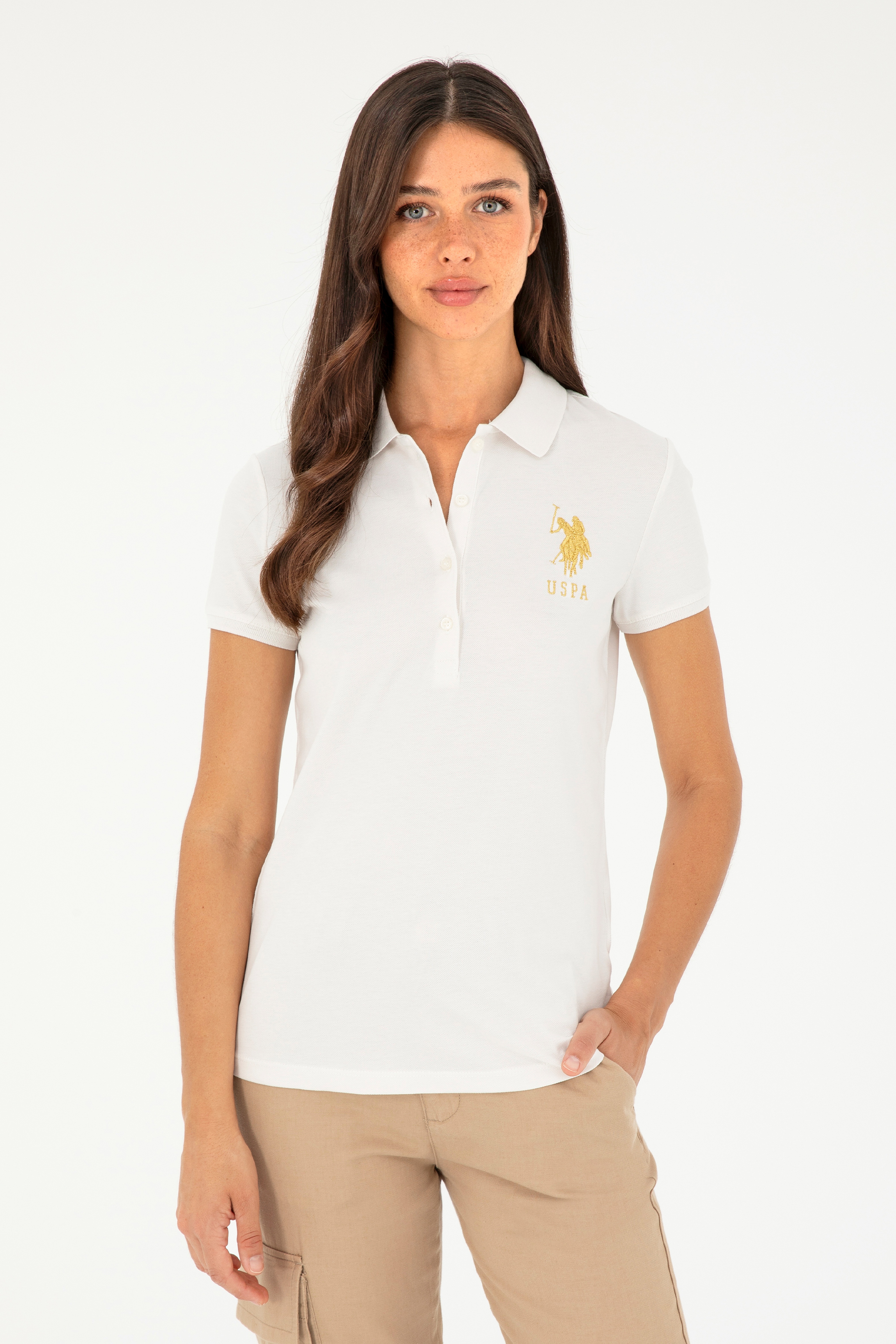 Kadın Ekru Basic Polo Yaka Tişört - Image 1