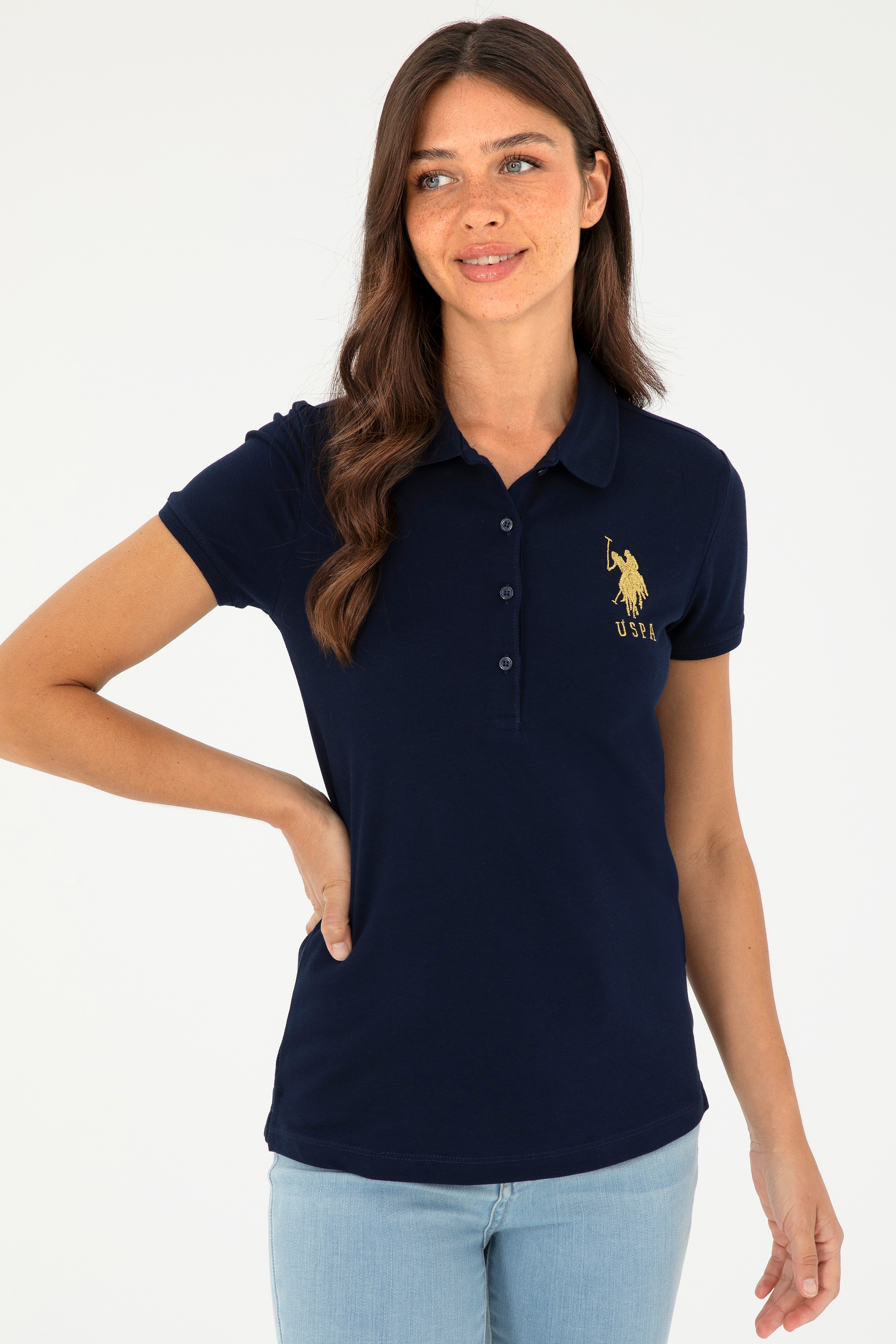 Kadın Lacivert Basic Polo Yaka Tişört - Image 3