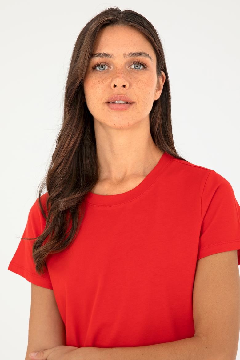 Kadın Kırmızı Bisiklet Yaka Basic Tişört - 50296152008