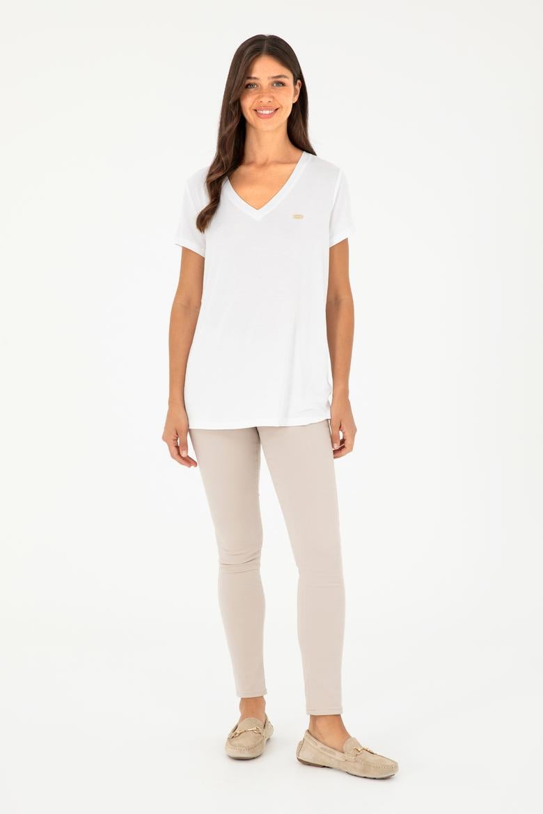 Kadın Beyaz V Yaka Basic Tişört - 50280019173