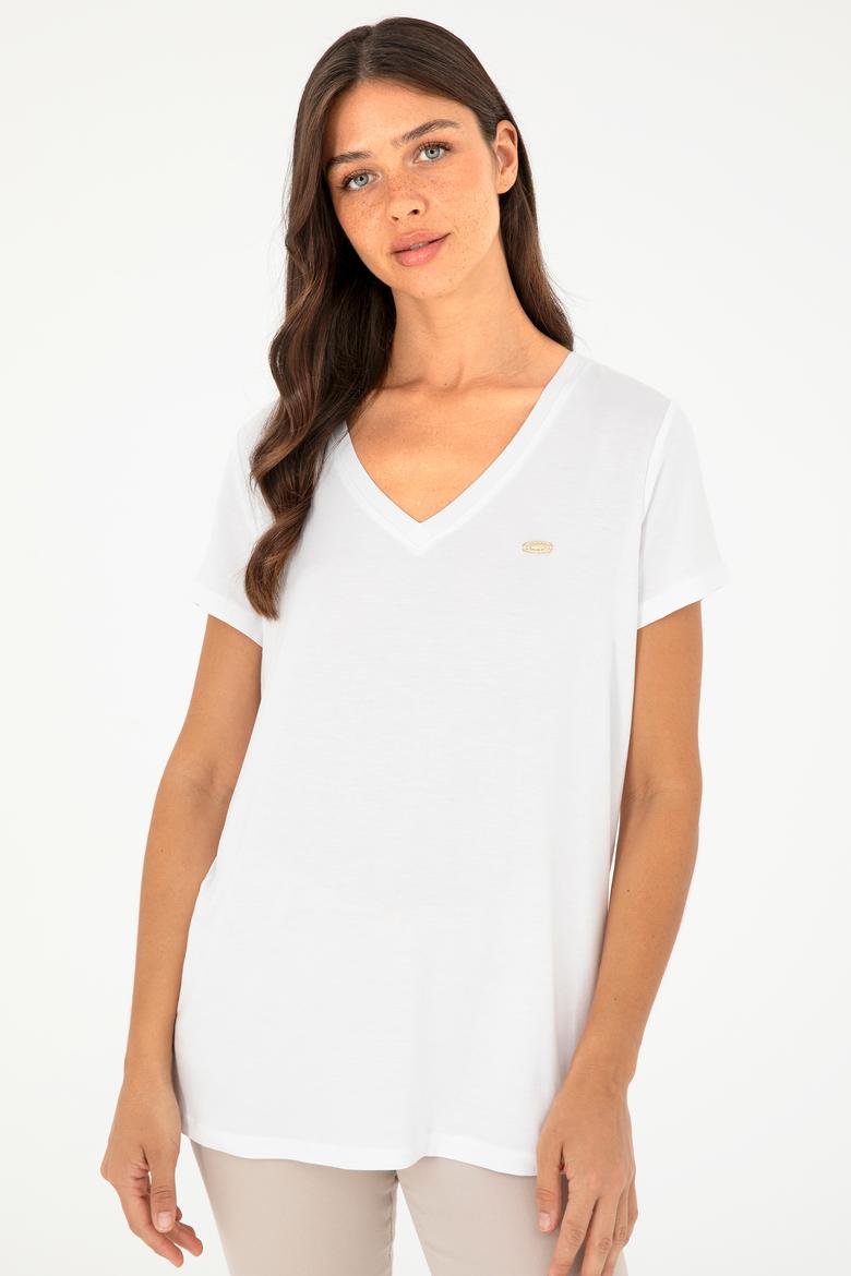 Kadın Beyaz V Yaka Basic Tişört - 50280019173
