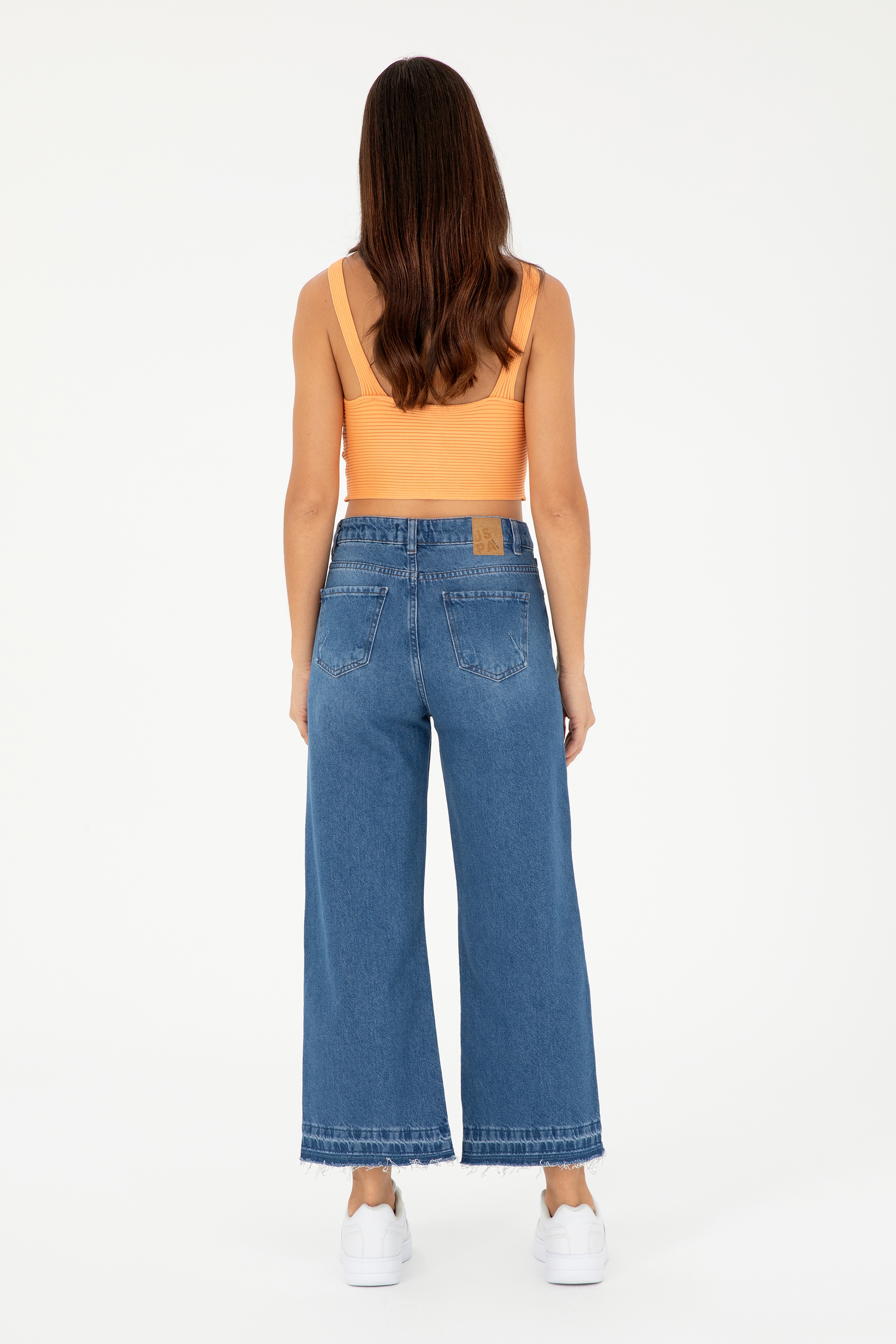Kadın Mavi Flare Cropped Fit Jean Pantolon - Image 4