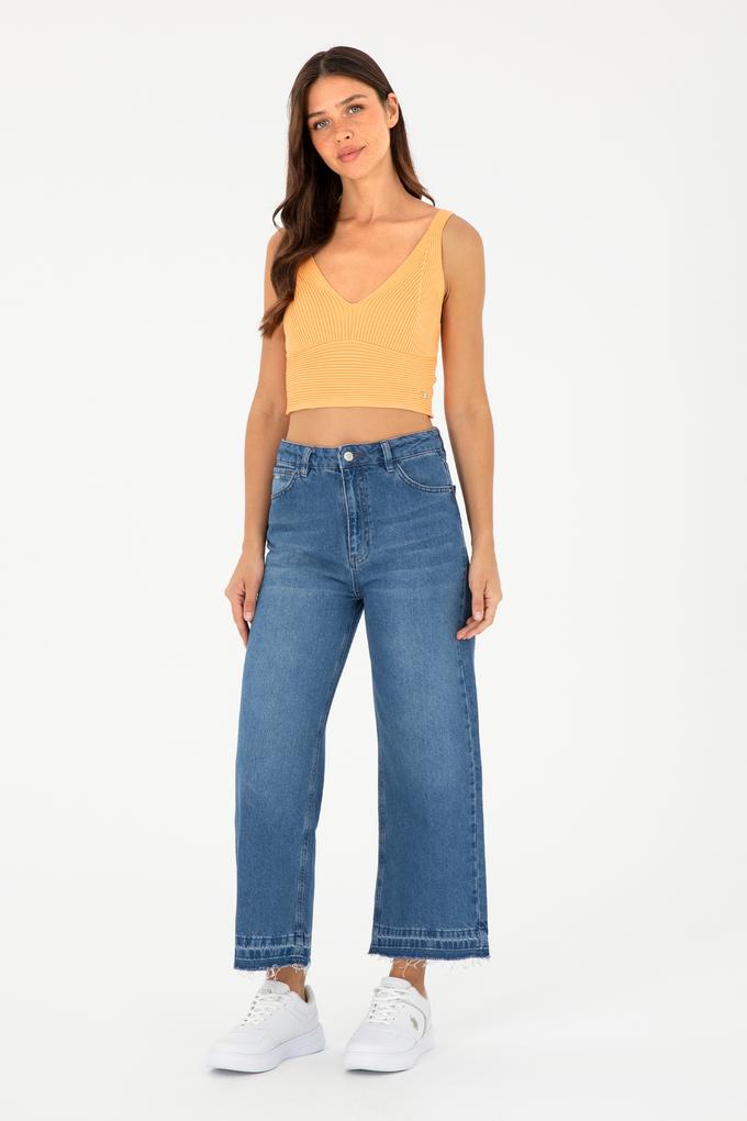 Kadın Mavi Flare Cropped Fit Jean Pantolon