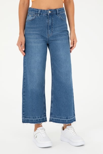 Kadın Mavi Flare Cropped Fit Jean Pantolon