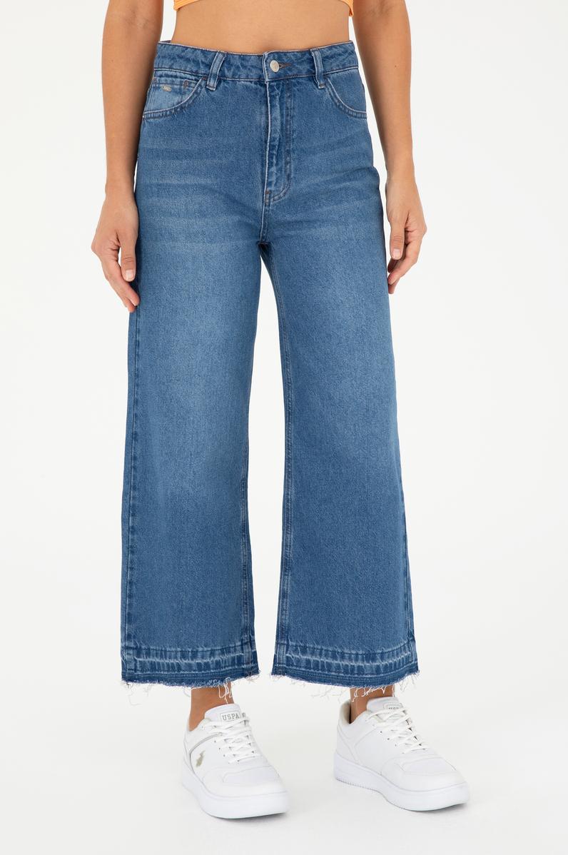 Kadın Mavi Flare Cropped Fit Jean Pantolon