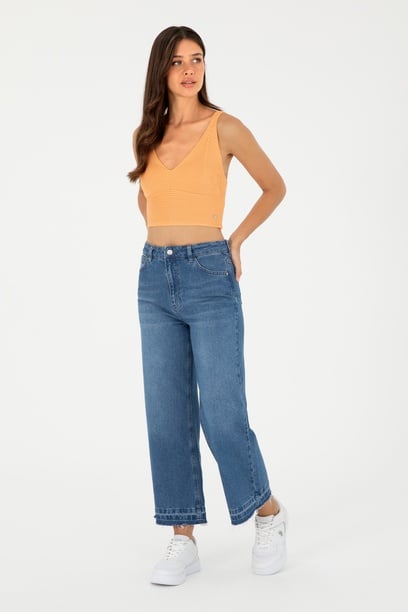 Kadın Mavi Flare Cropped Fit Jean Pantolon