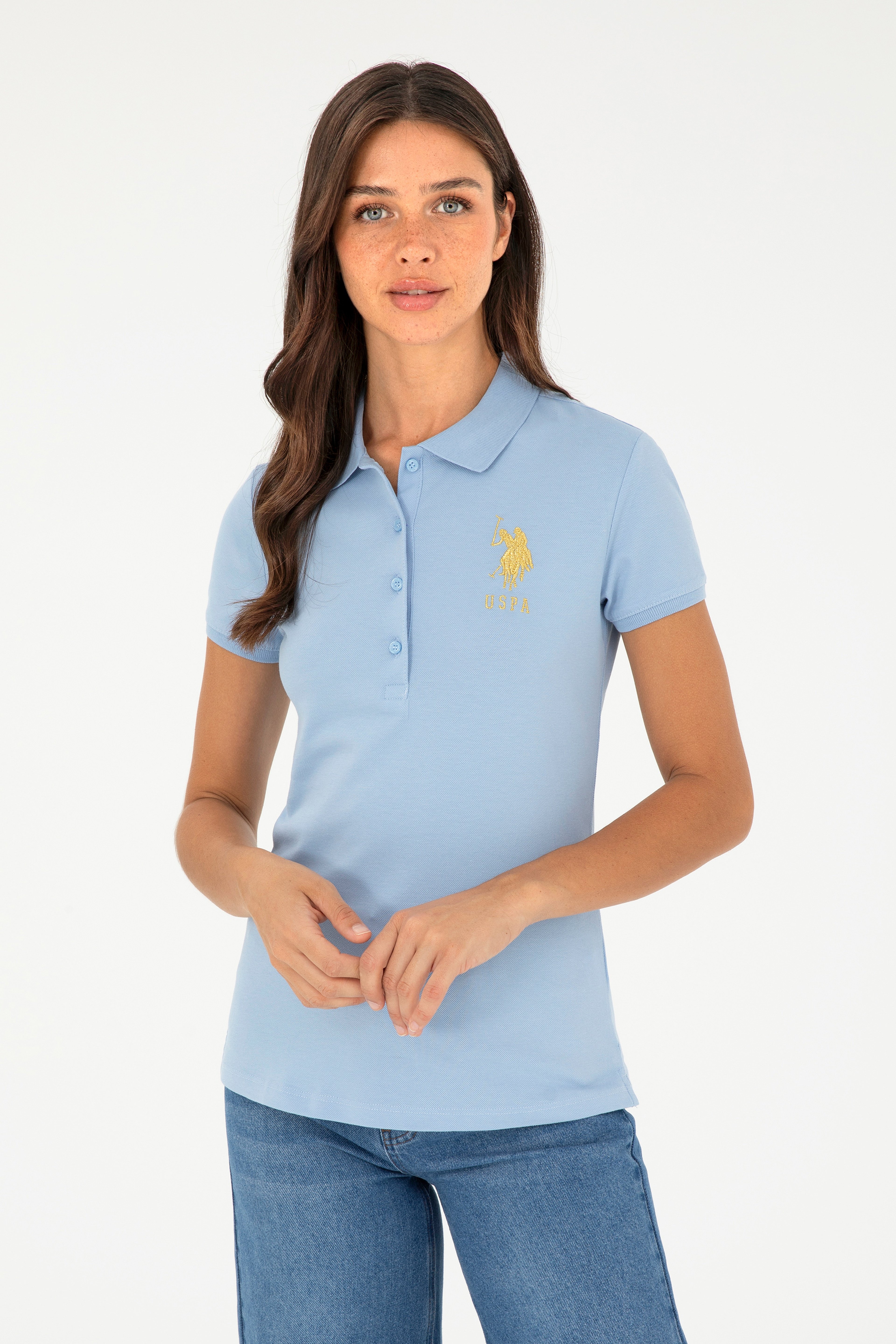 Kadın Açık Mavi Basic Polo Yaka Tişört - Image 1