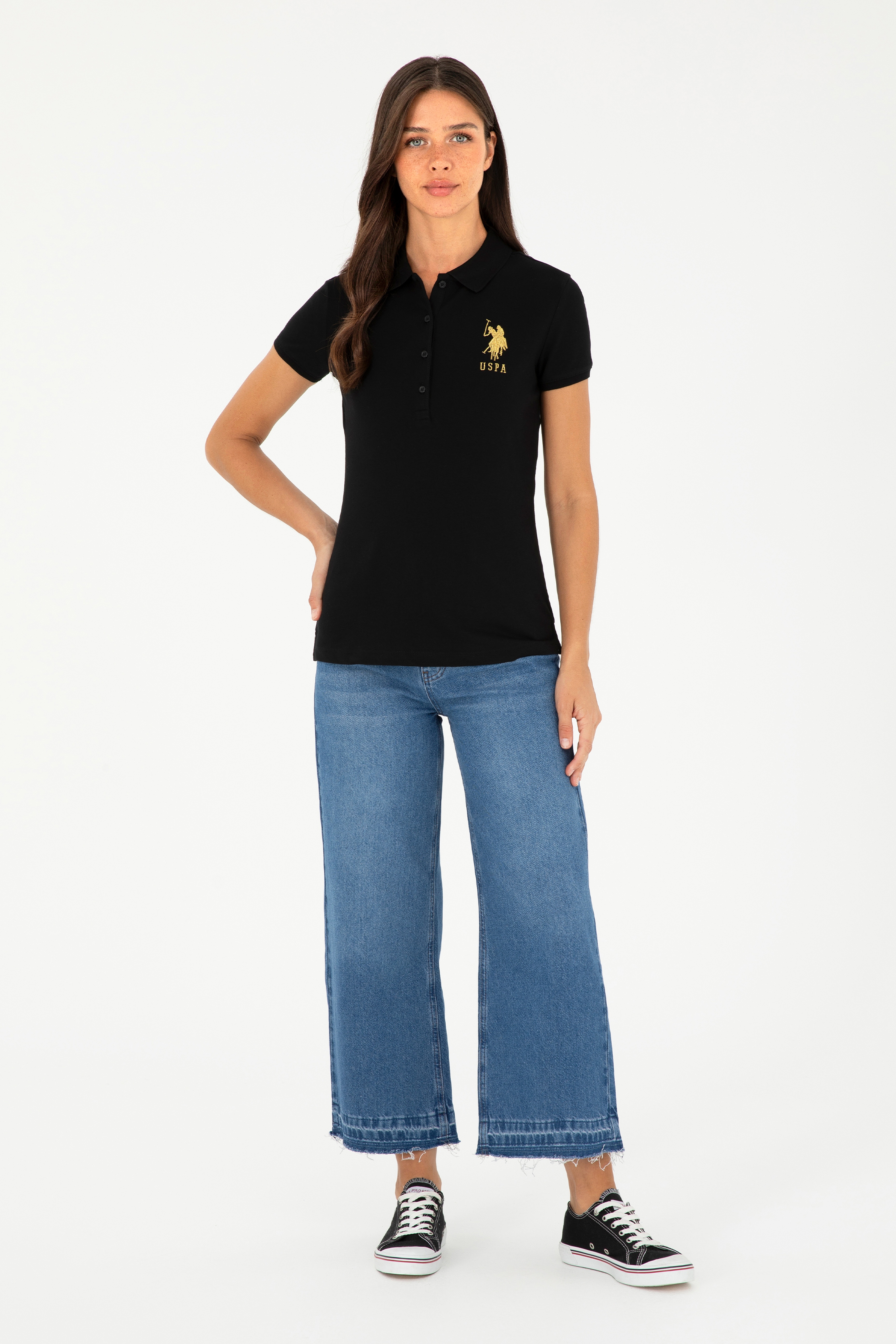 Kadın Siyah Basic Polo Yaka Tişört