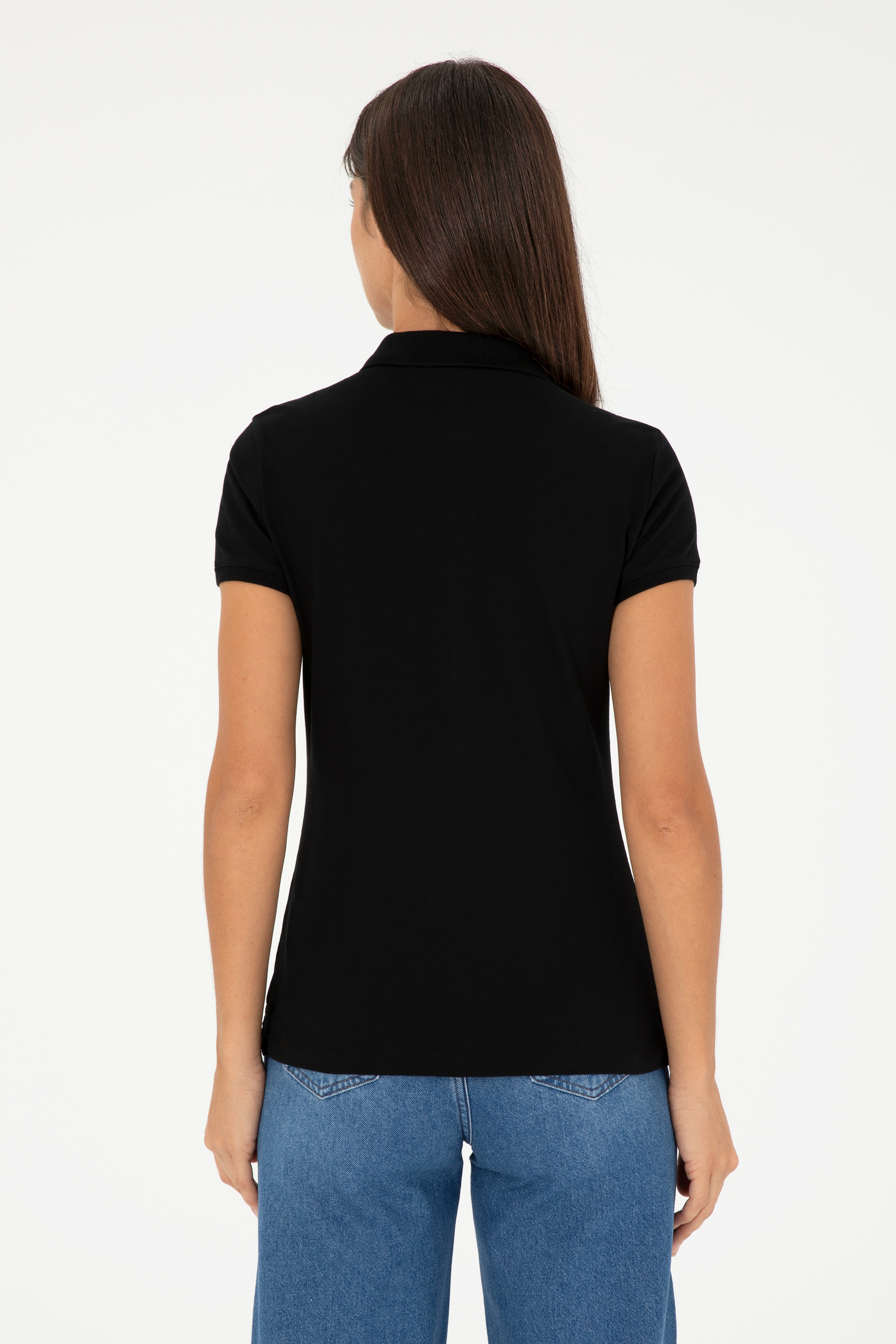 Kadın Siyah Basic Polo Yaka Tişört - Image 5