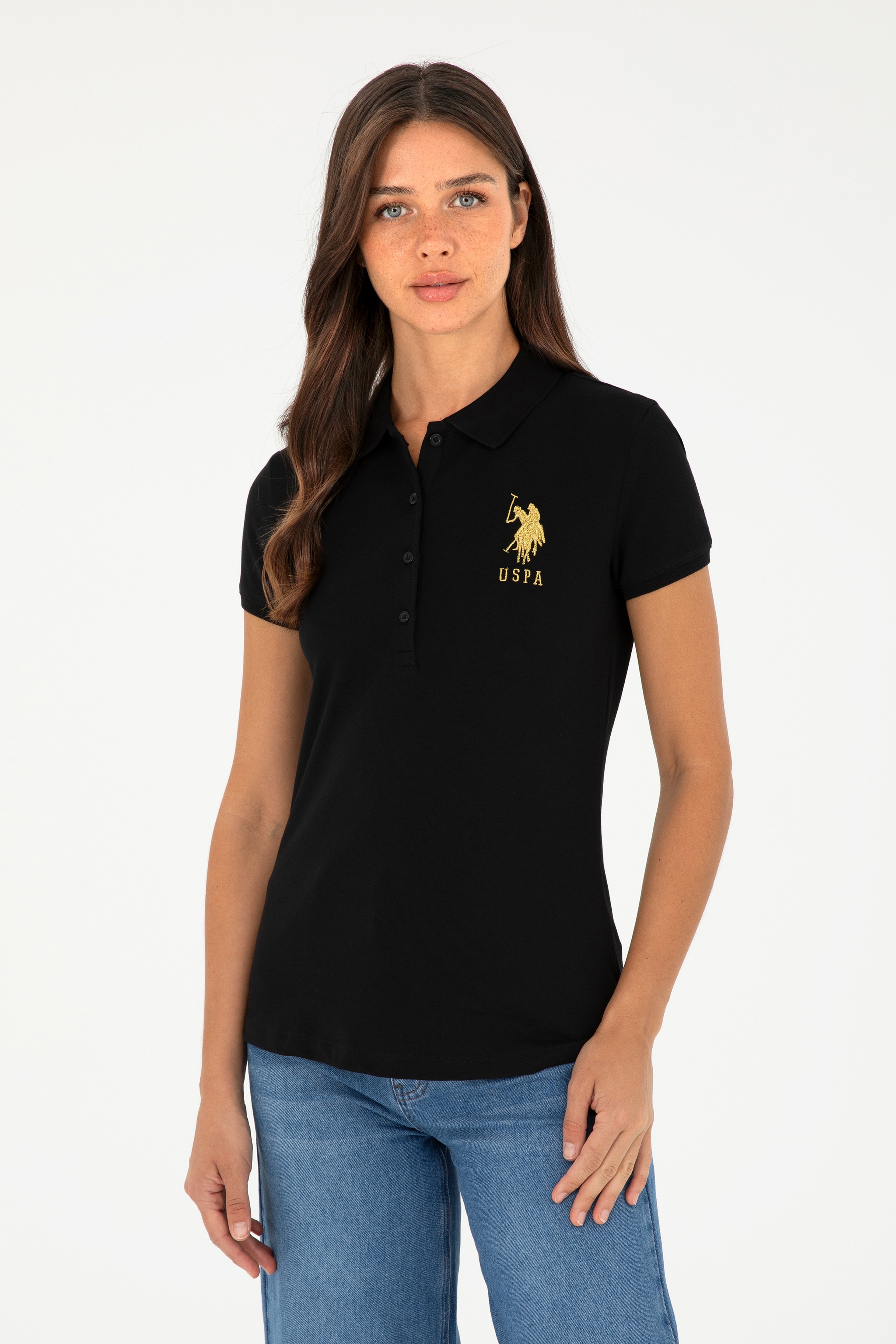 Kadın Siyah Basic Polo Yaka Tişört - Image 1