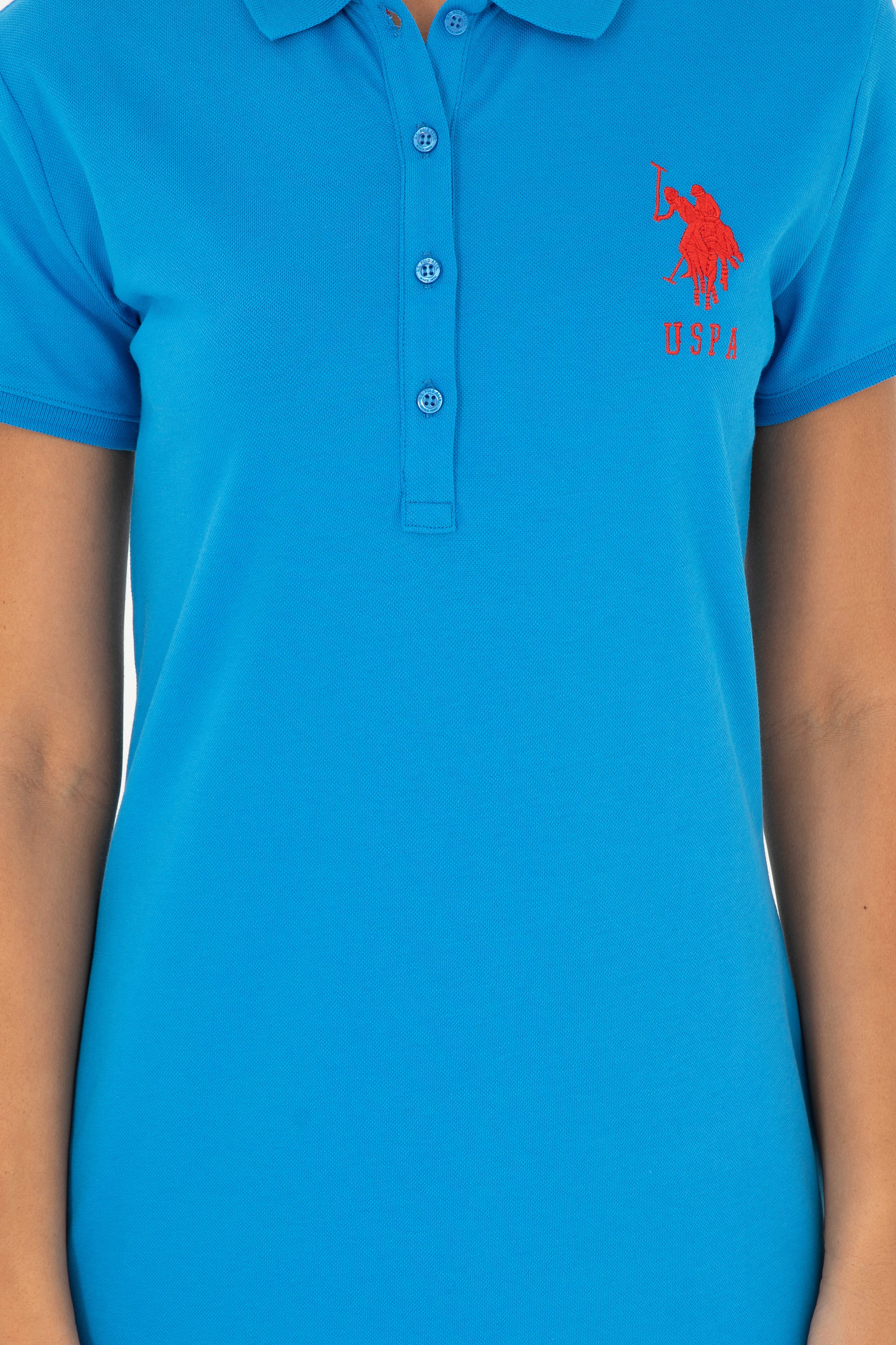 Kadın Saks Polo Yaka Mini Boy Örme Elbise - Image 6
