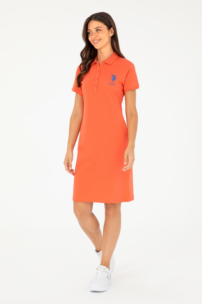 Kadın Nar Çiçeği Polo Yaka Mini Boy Örme Elbise