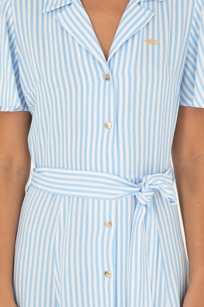 Kadın Mavi Çizgili Kemerli Midi Boy Dokuma Elbise - 50289207006