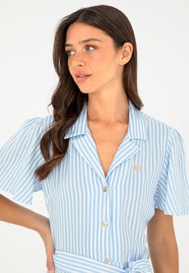 Kadın Mavi Çizgili Kemerli Midi Boy Dokuma Elbise - 50289207006