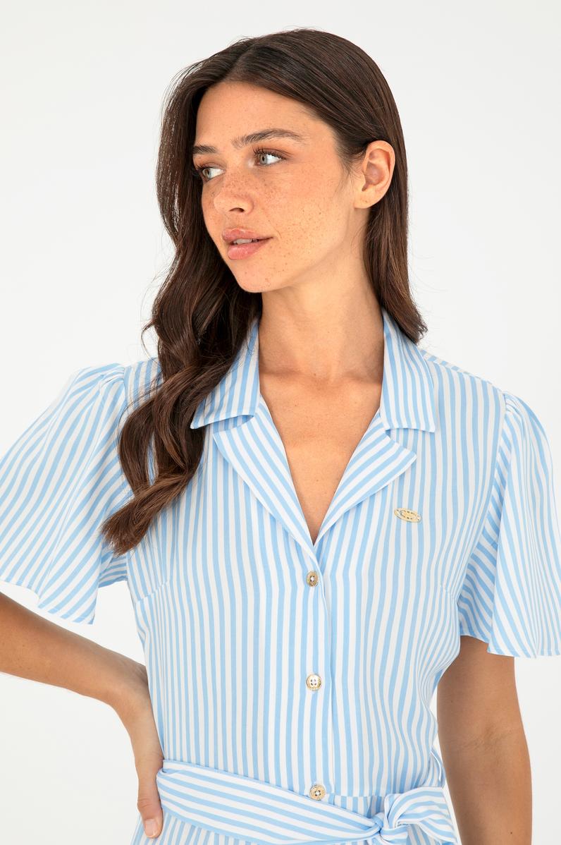 Kadın Mavi Çizgili Kemerli Midi Boy Dokuma Elbise