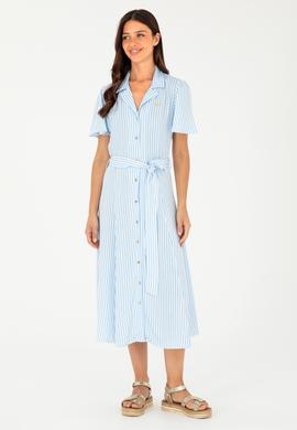 Kadın Mavi Çizgili Kemerli Midi Boy Dokuma Elbise - 50289207006