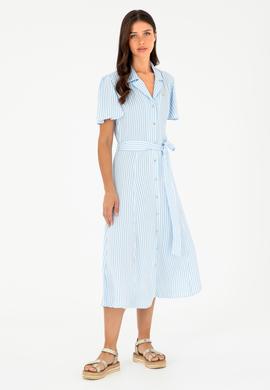 Kadın Mavi Çizgili Kemerli Midi Boy Dokuma Elbise - 50289207006