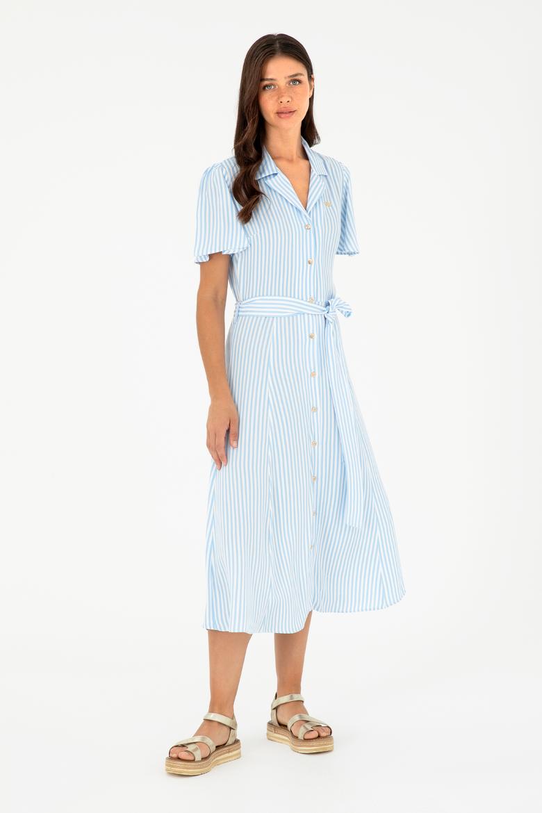 Kadın Mavi Çizgili Kemerli Midi Boy Dokuma Elbise - 50289207006
