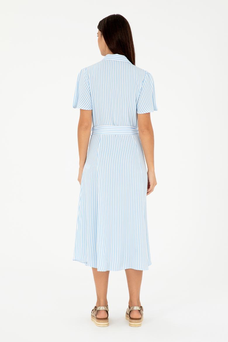 Kadın Mavi Çizgili Kemerli Midi Boy Dokuma Elbise - 50289207006