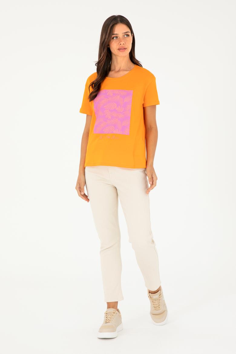 Kadın Turuncu Bisiklet Yaka Tişört - 50294760016