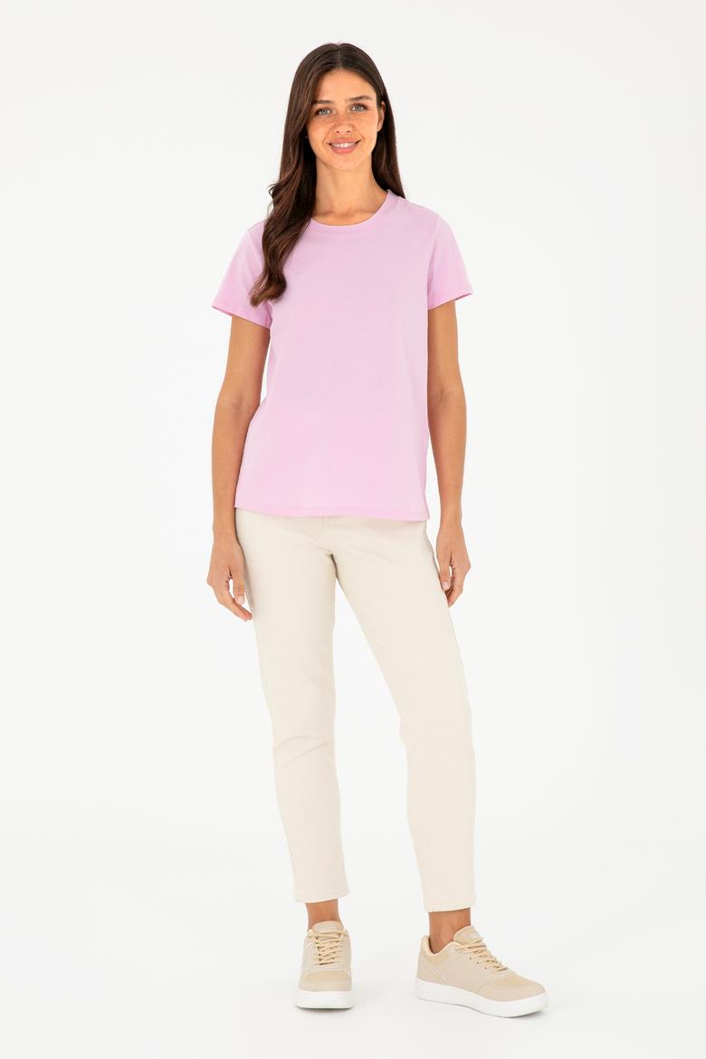 Kadın Pembe Bisiklet Yaka Basic Tişört - 50296152041