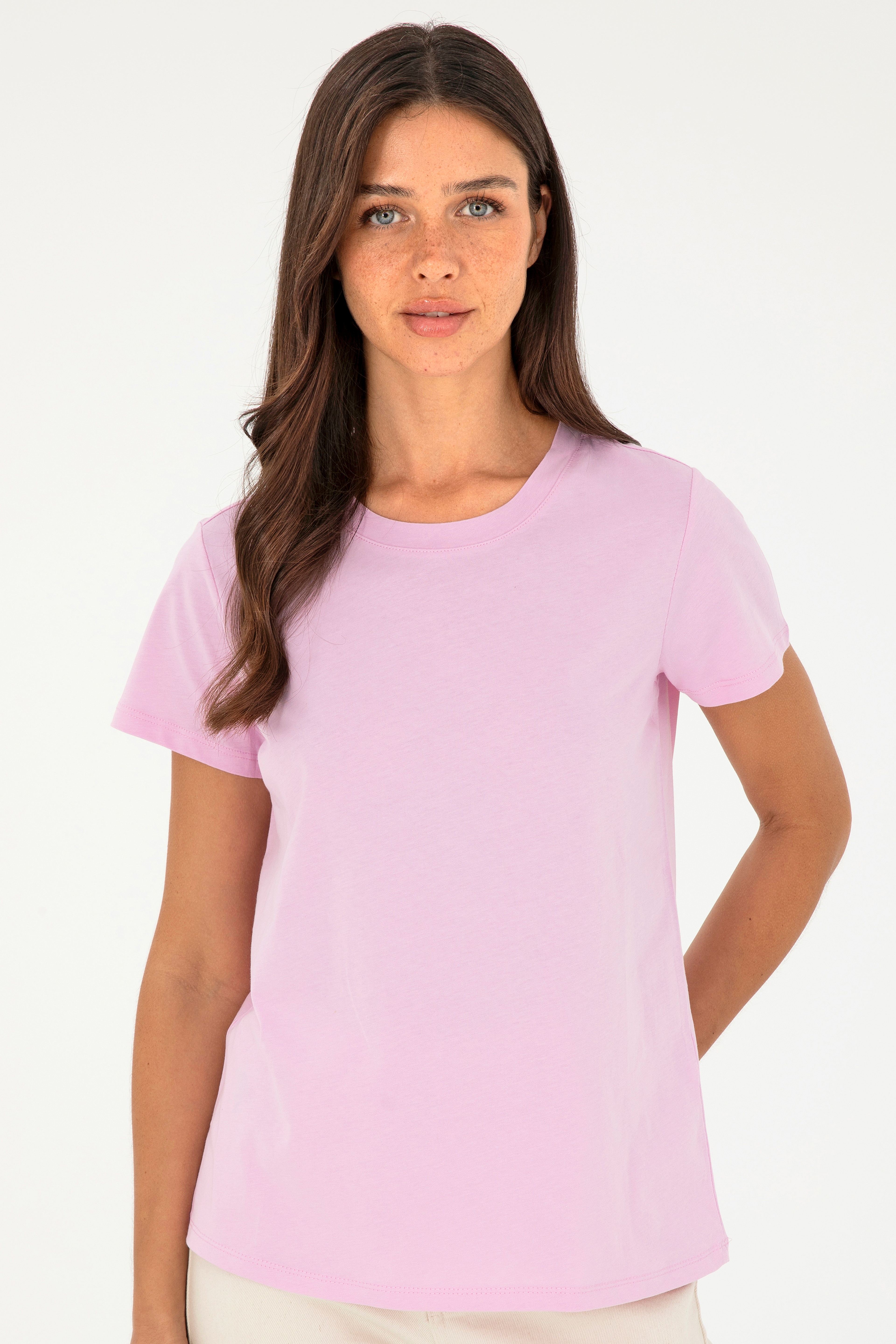 Kadın Pembe Bisiklet Yaka Basic Tişört - Image 3