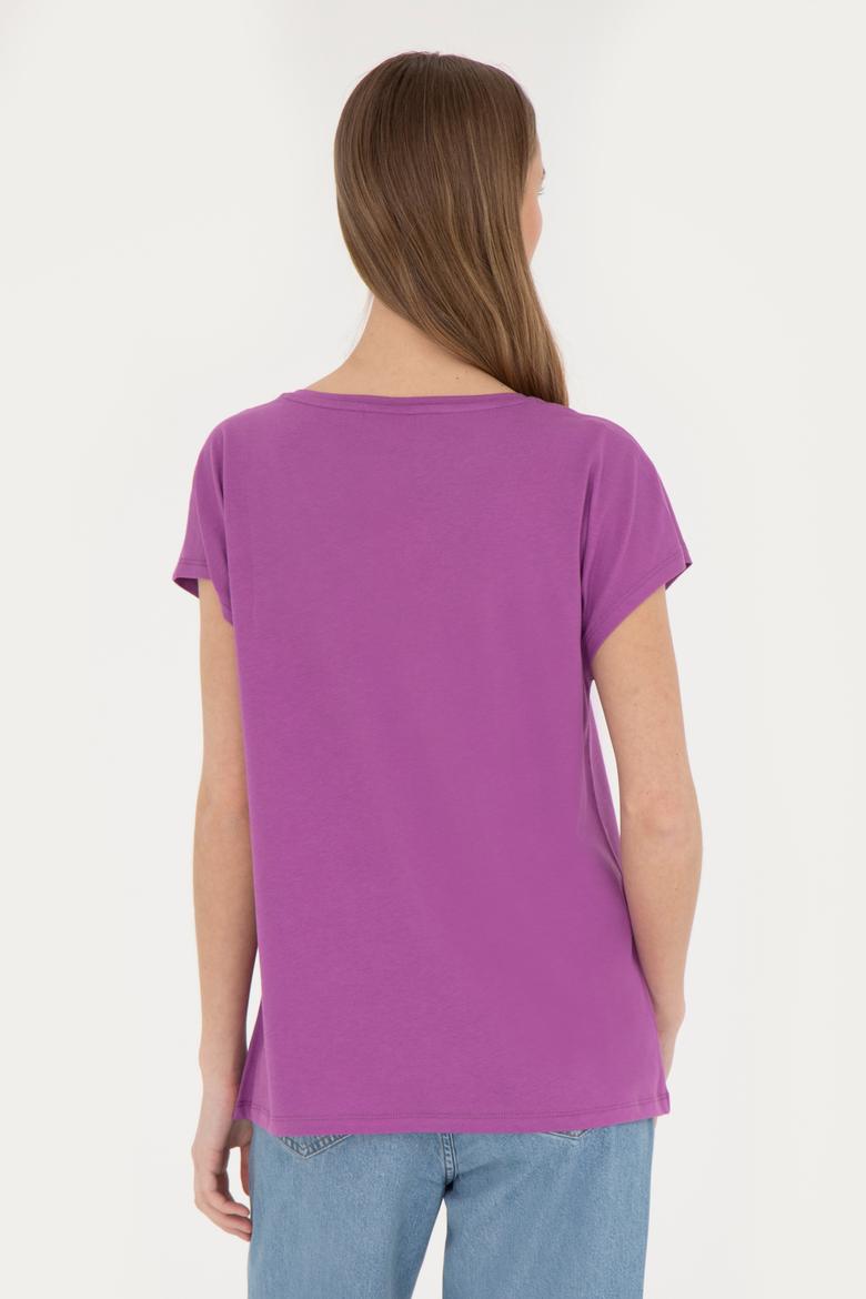Kadın Mor V Yaka Basic Tişört - 50285849046
