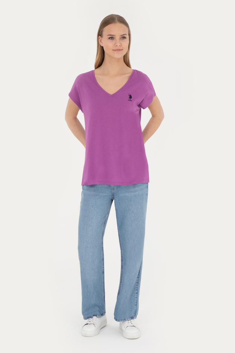 Kadın Mor V Yaka Basic Tişört - 50285849046