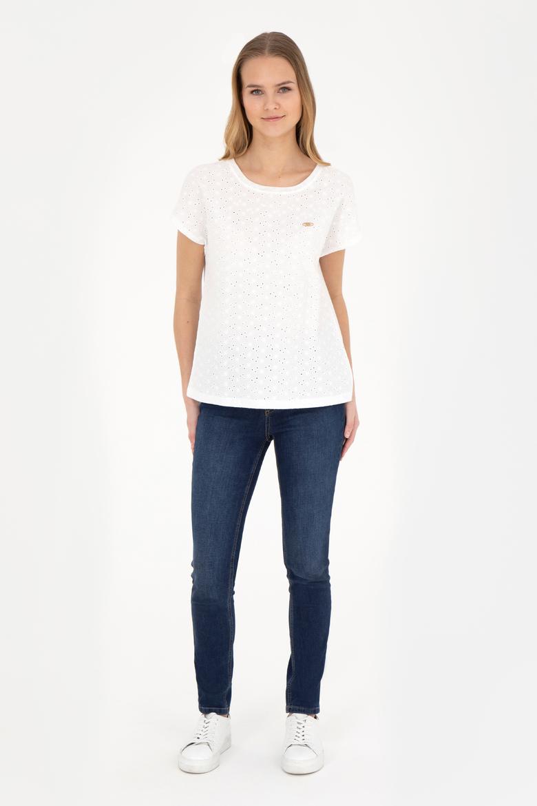 Kadın Ekru Bisiklet Yaka Tişört - 50281803028