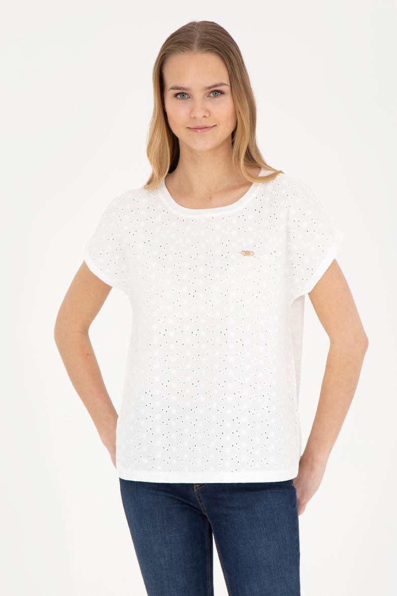 Kadın Ekru Bisiklet Yaka Tişört - 50281803028