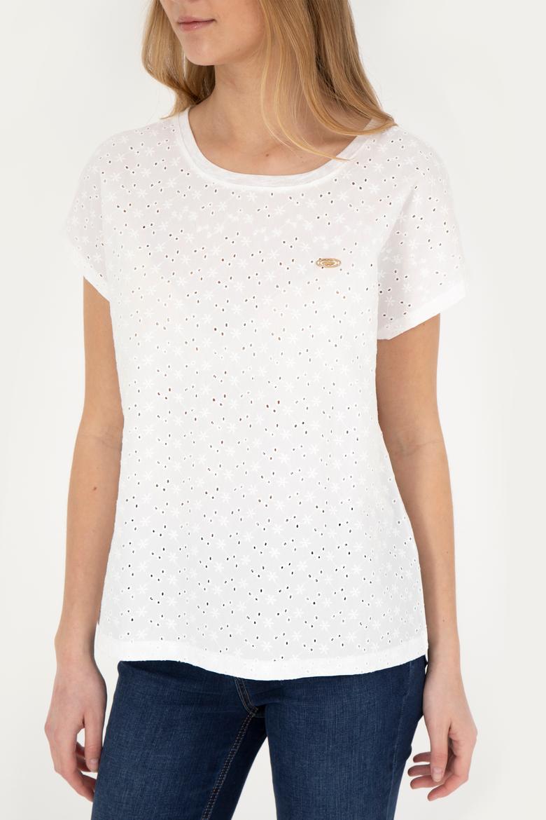 Kadın Ekru Bisiklet Yaka Tişört - 50281803028