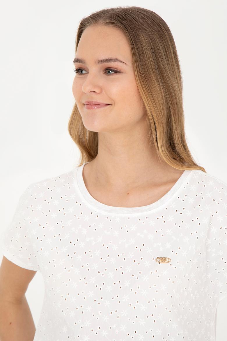 Kadın Ekru Bisiklet Yaka Tişört - 50281803028