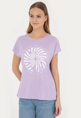 Kadın Lila Bisiklet Yaka Tişört - 50282896006