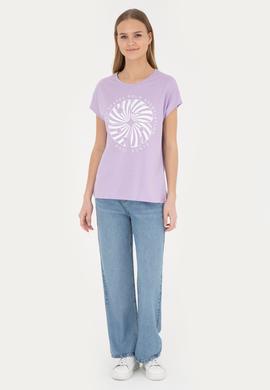 Kadın Lila Bisiklet Yaka Tişört - 50282896006